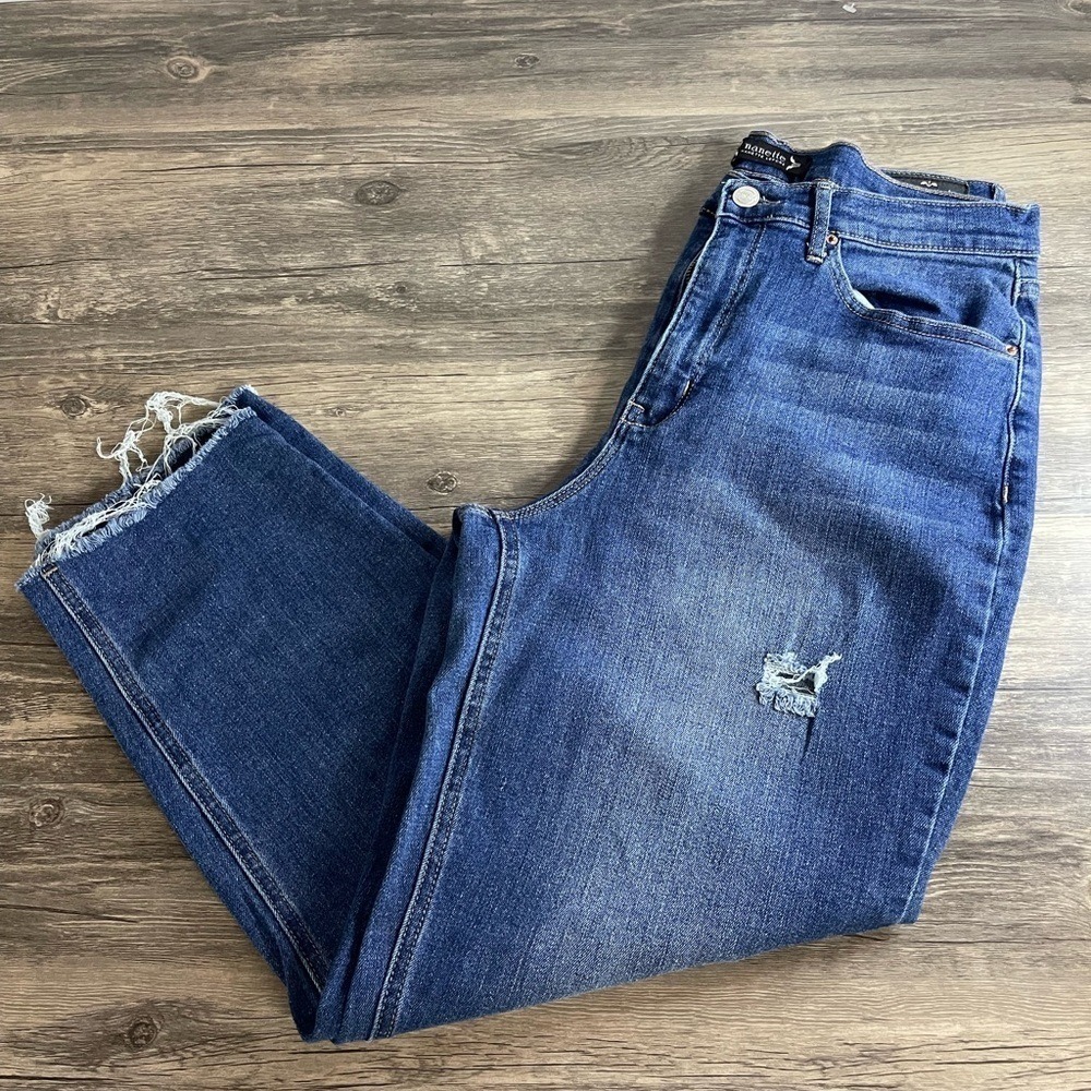 Nanette Lepore Jolie Super High Rise Tapered Jeans Blue Distressed Raw Hem 10